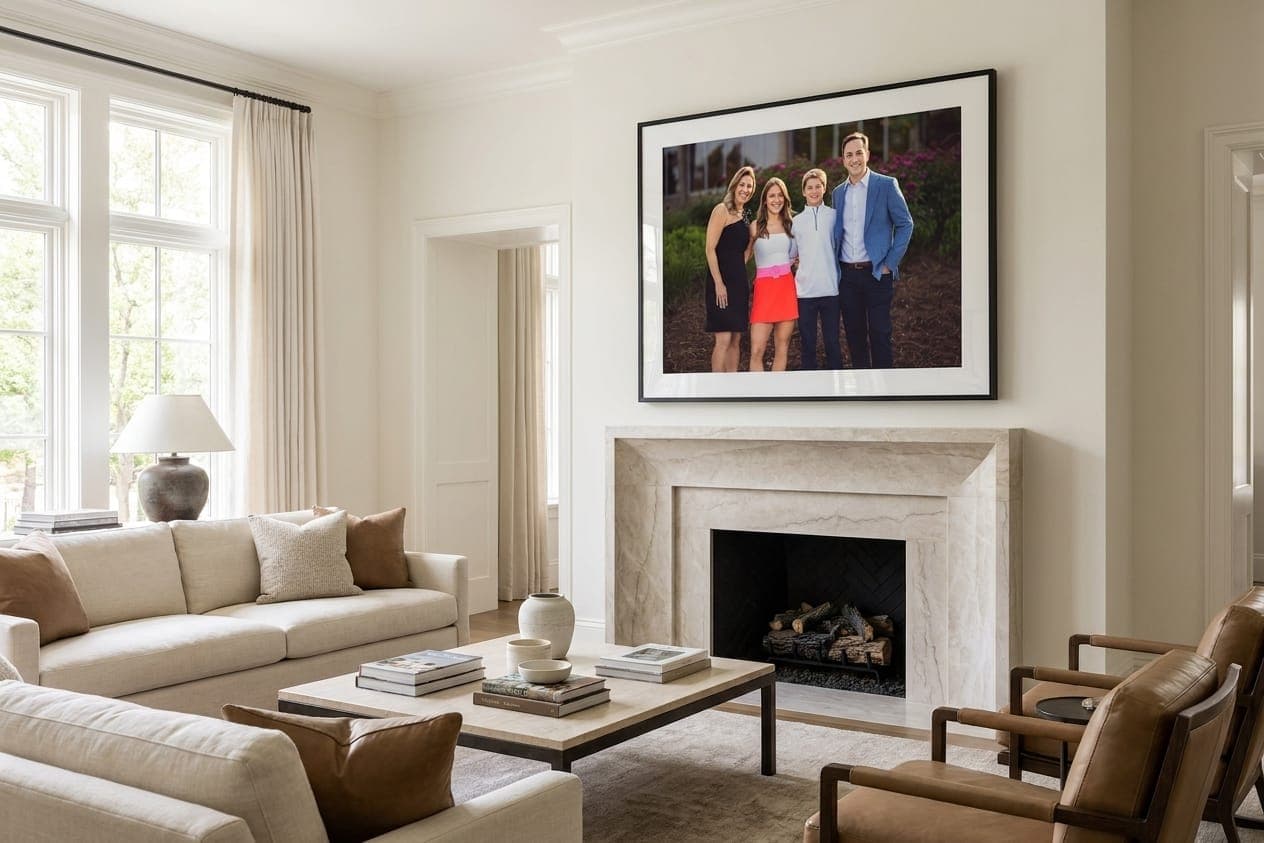 Large framed family portrait hanging above a marble fireplace in a luxury living room