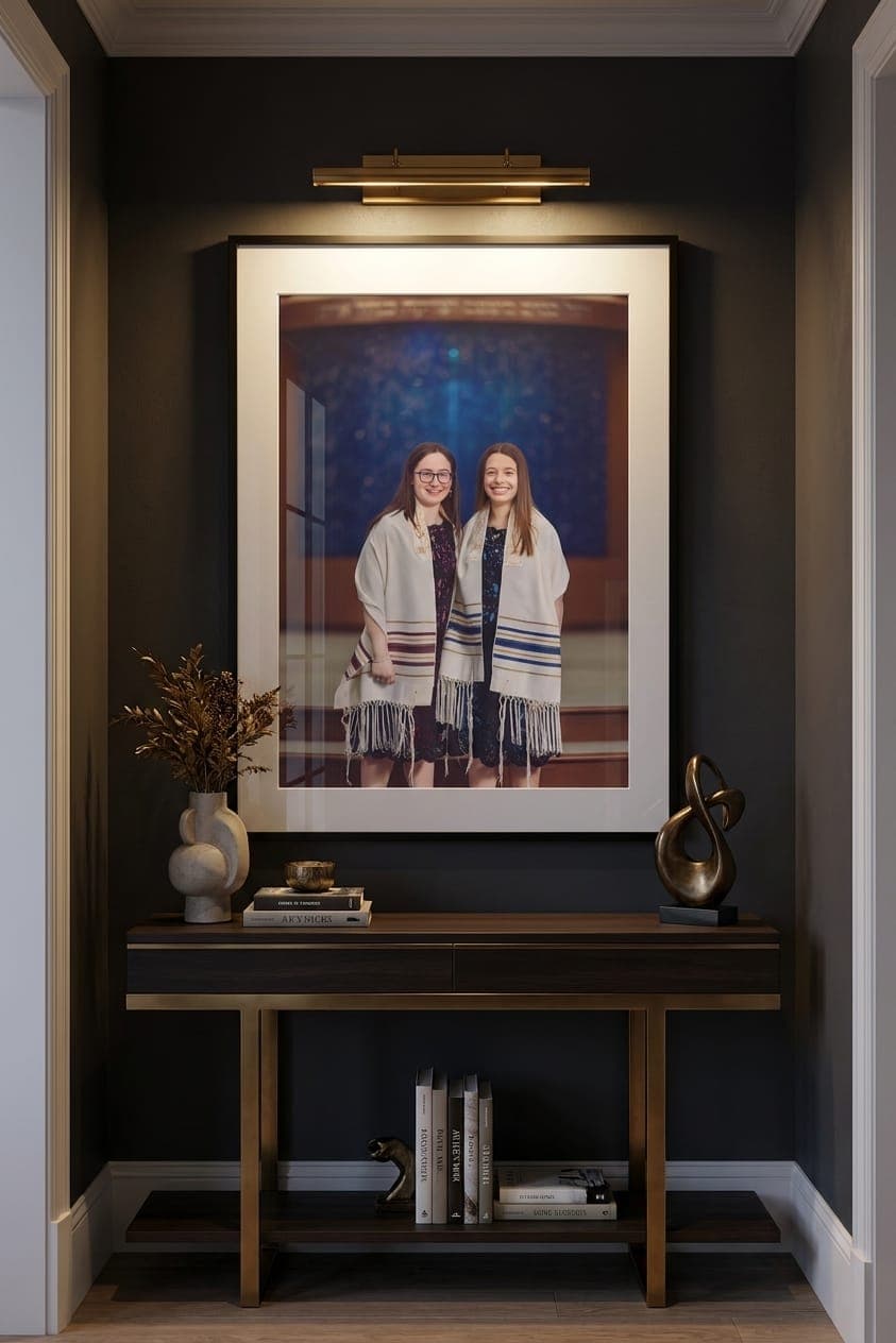Framed portrait of twin sisters displayed under a picture light in an elegant home study