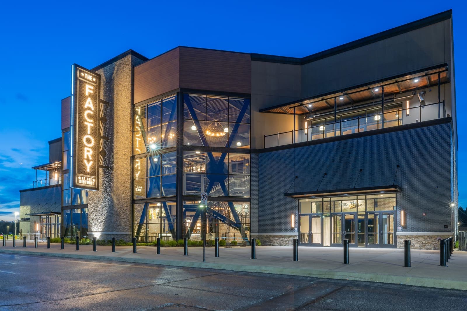 Blue-hour exterior photography of The Factory music venue in Chesterfield, Missouri